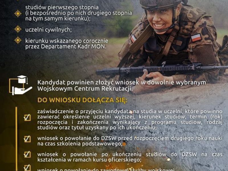 Na zdjęciu plaktat programu stypendialnego MON dla kandydatów na żołnierzy. Na plakacie żołnierz z granatnikiem na poligonie