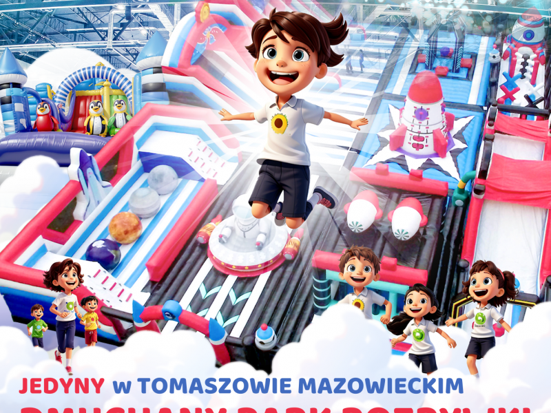 Na zdjęciu plakat Parku Rozrywki w Arenie Lodowej. Na plakacie grafika dzieci bawiących się na tle flippera