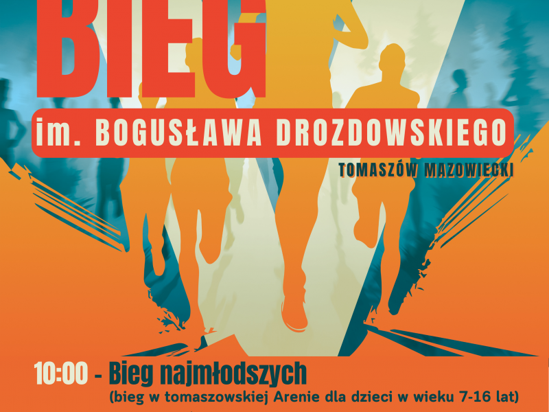 Na zdjęciu plakat Biegu im. Bogusława Drozdowskiego. Na plakacie grafika - sylwetki biegaczy
