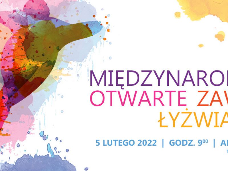 Na zdjęciu baner Otwartych Zawodów Łyżwiarskich w Arenie Lodowej. Na banerze grafika panczenisty