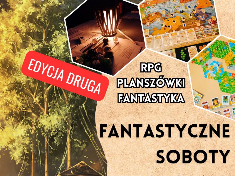 Na zdjęciu plakat zapowiadający spotkanie fanów gier i fantastyki w Miejskiej Bibliotece Publicznej. Na plakacie tematyka fantasy