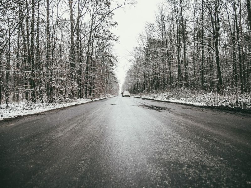 Na zdjęciu pokryta lodem droga leśna