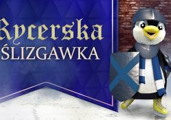 Na zdjęciu baner rycerskiej ślizgawki w Arenie Lodowej. Na zdjęciu Pingwin - maskotka Areny w kostiume rycerza i z mieczem w dłoni